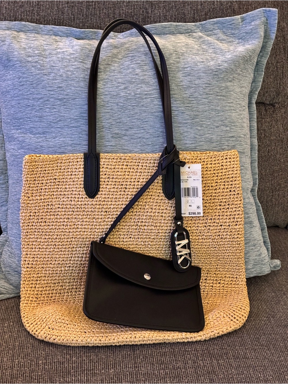 Michael Kors Eliza North/South Natural Woven Tote with Black Leather Pouch NWT